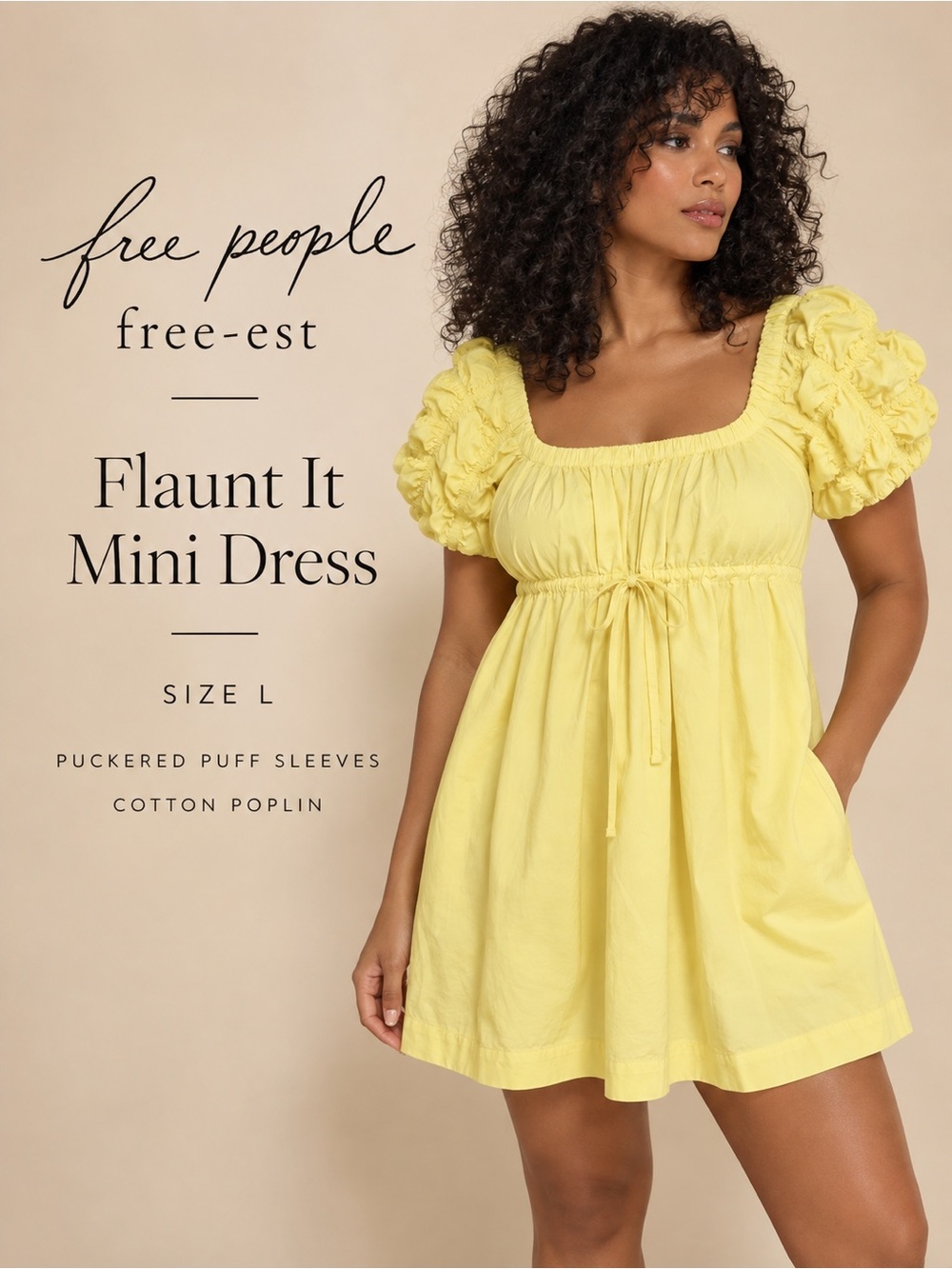 Free People Free-est Flaunt It Yellow Puff Sleeve Mini Dress Size L